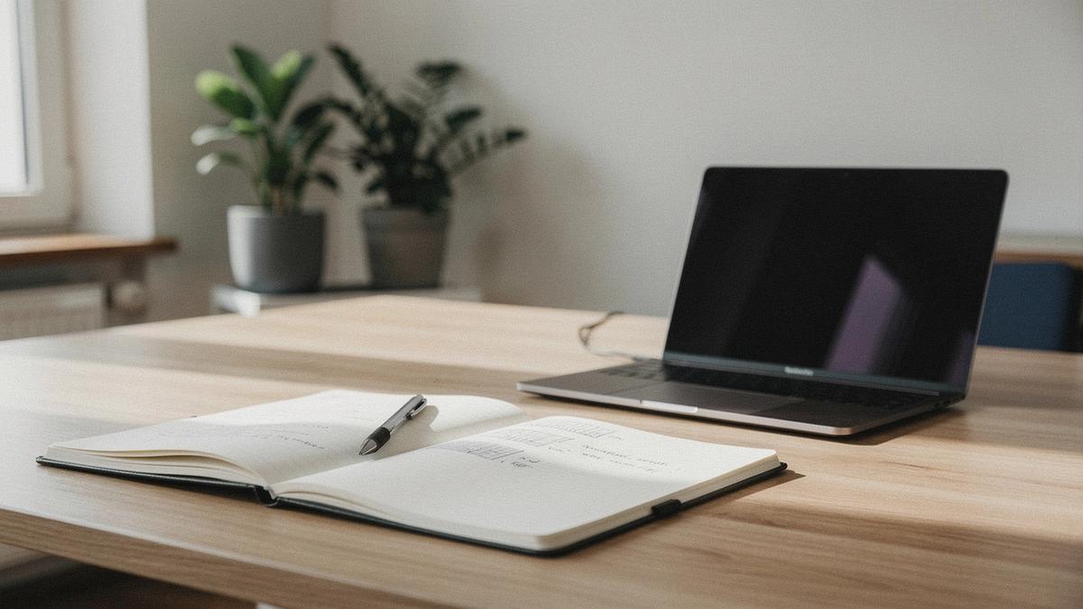 Coachingsituation mit Notizbuch und Laptop, ruhige Arbeitsatmosphäre